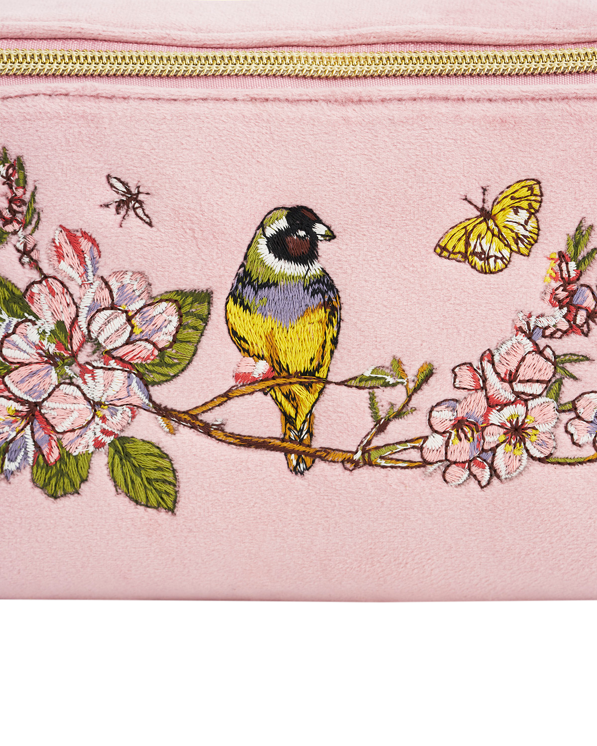 Pink pouch with embroidered bird and floral design on a white background
