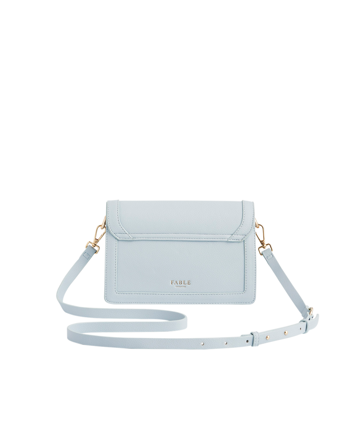 Light blue handbag with a strap on a white background