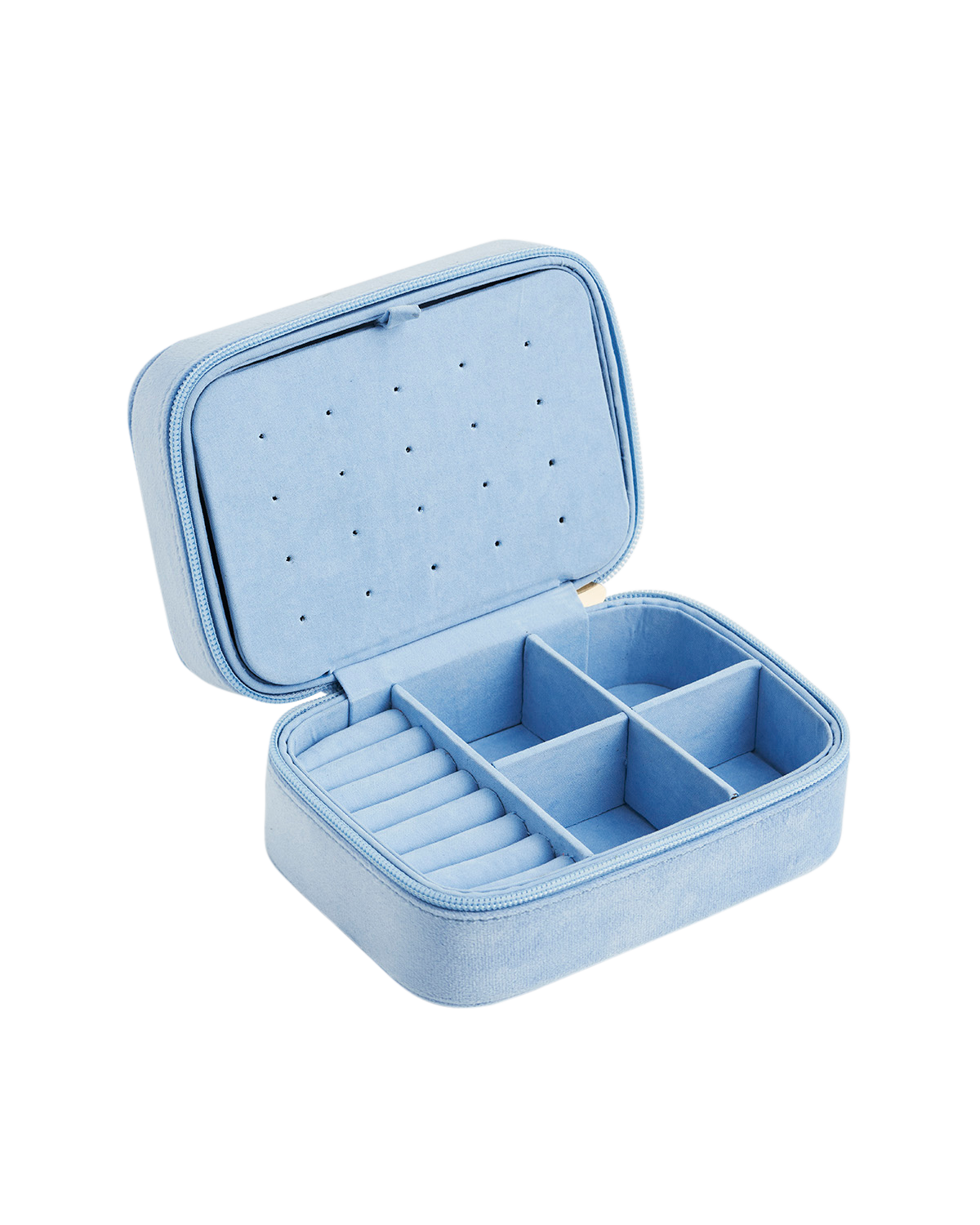 Blue Forget Me Not Velvet Embroidered Jewellery Box Large open view with compartments for organizing jewelry.