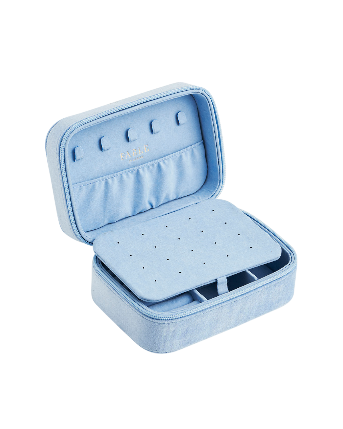 Blue Forget Me Not Velvet Embroidered Jewellery Box Large opened showing compartments and plush interior.