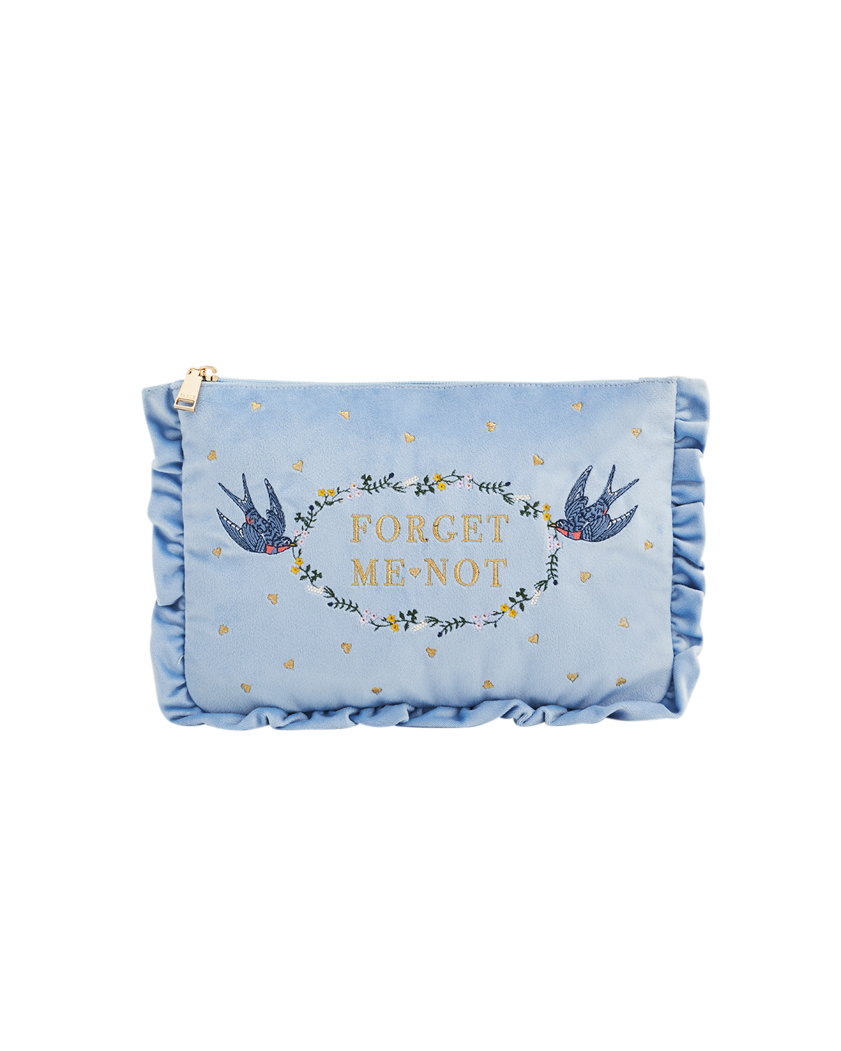 Blue Forget Me Not Velvet Embroidered Pouch featuring embroidered blue birds and floral wreath design.