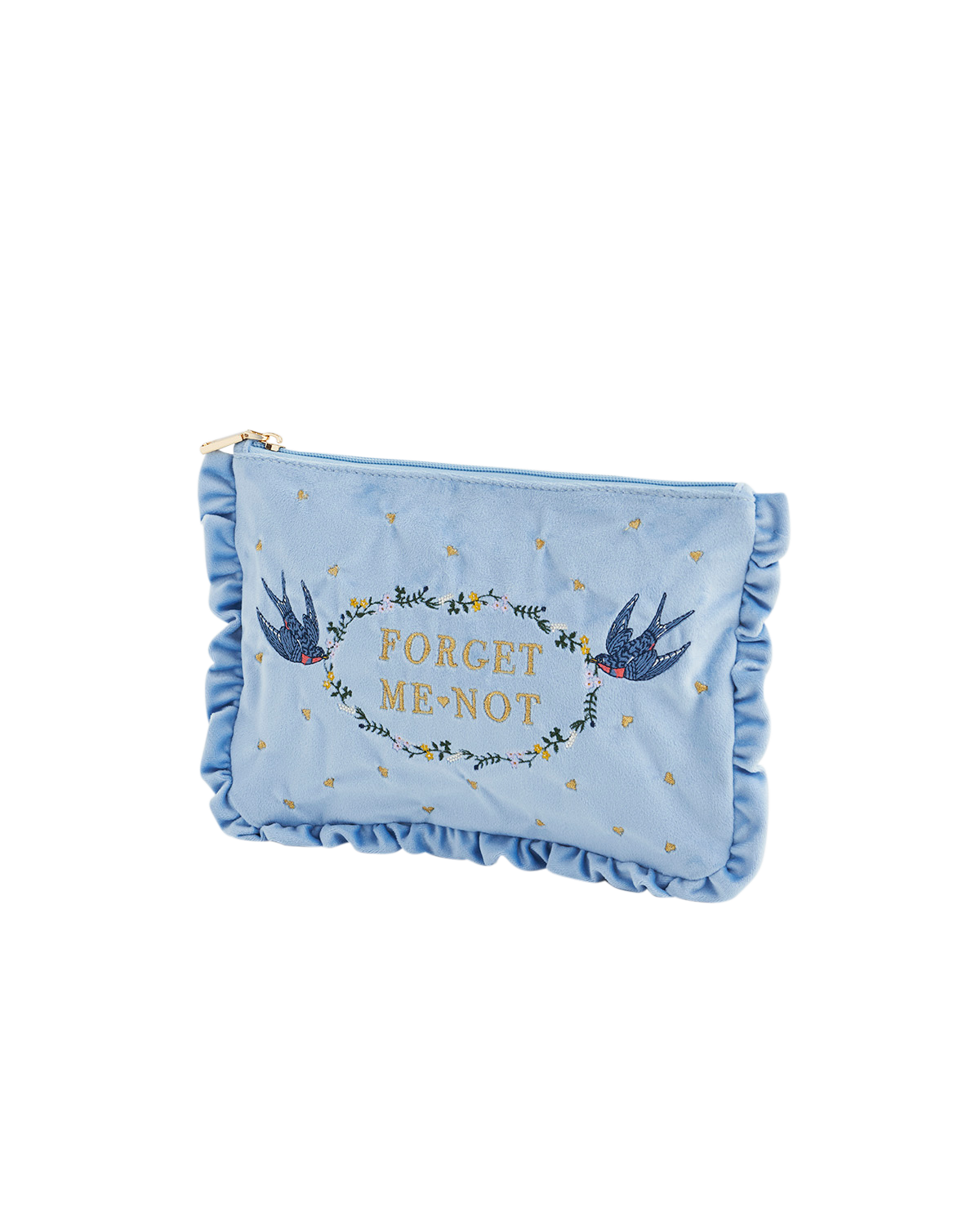 Blue Forget Me Not Velvet Embroidered Pouch featuring blue birds and floral wreath design