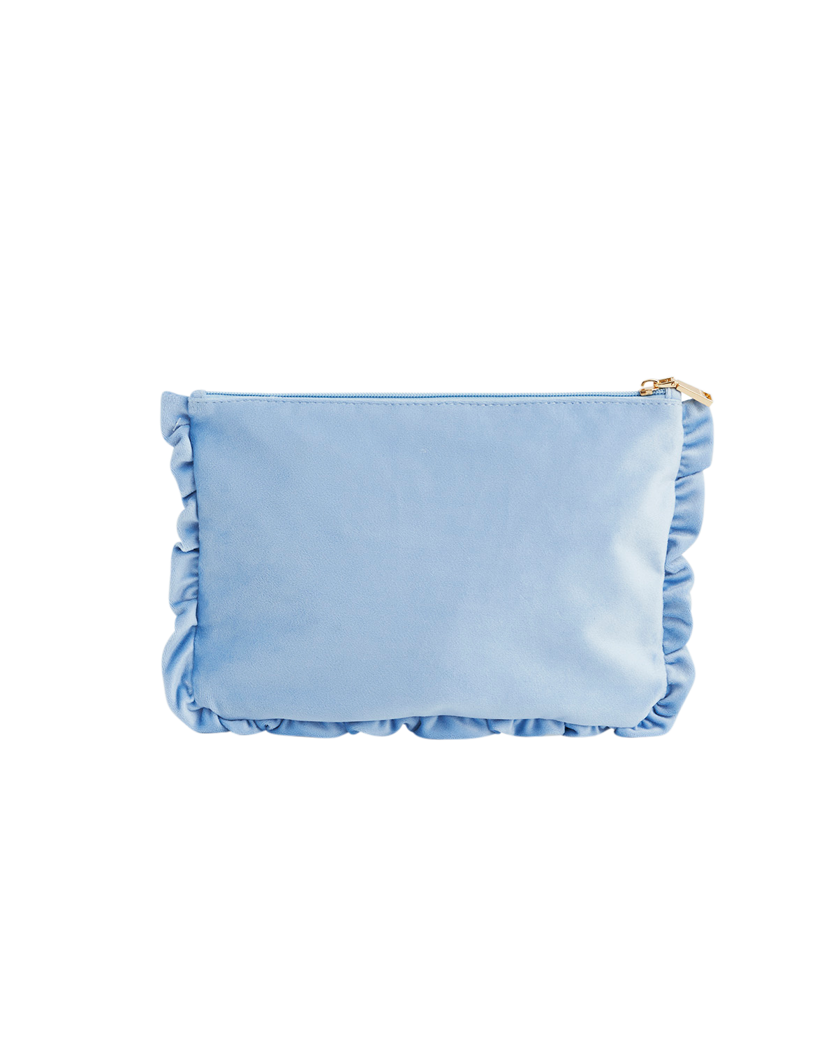 Blue Forget Me Not Velvet Embroidered Pouch with delicate ruffles in soft sky-blue color.