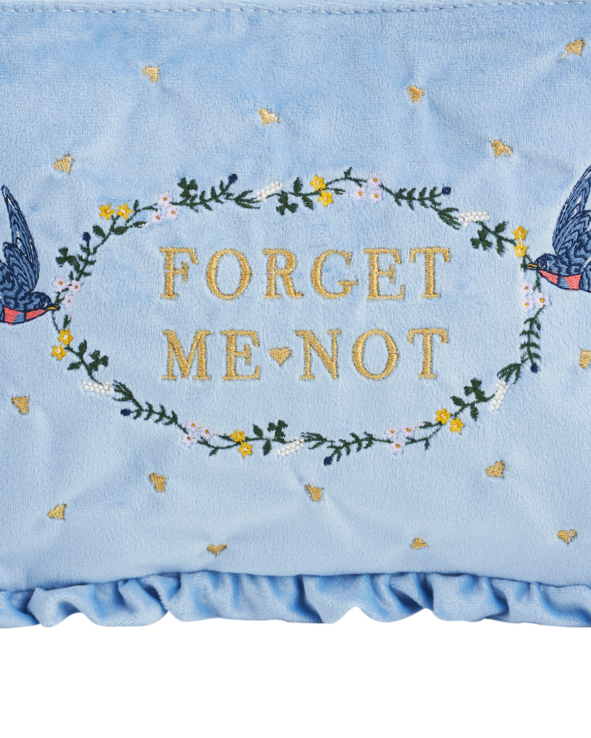 Blue Forget Me Not Velvet Embroidered Pouch with floral embroidery and ruffle detailing.