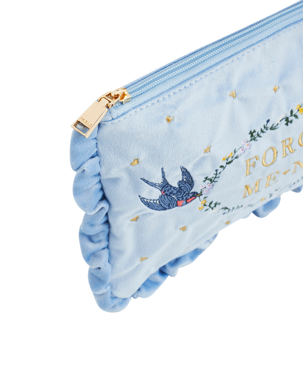 Blue Forget Me Not Velvet Embroidered Pouch with embroidered birds and floral details, designed for storing essentials.