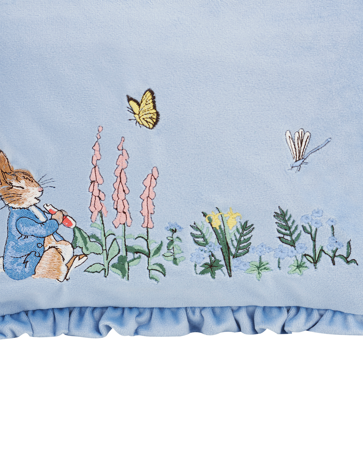 Peter Rabbit blue velvet embroidered ruffle detail pouch