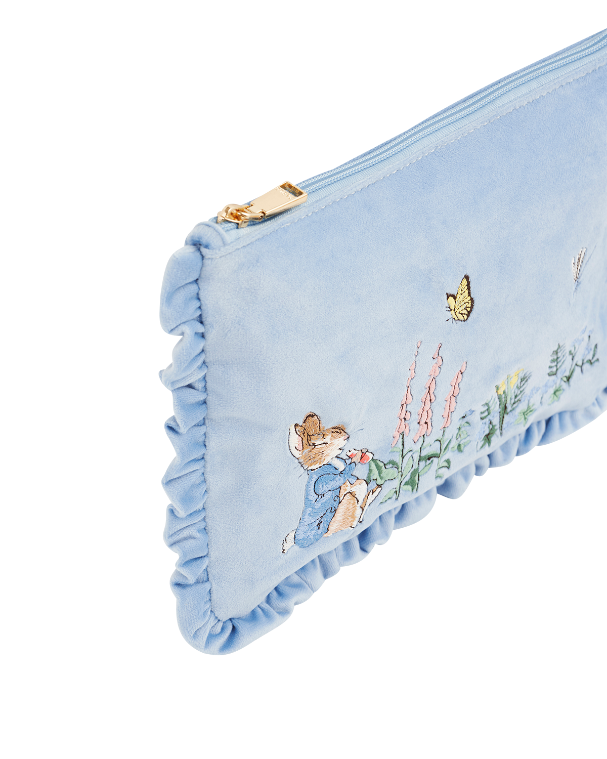 Peter Rabbit blue velvet embroidered ruffle detail pouch