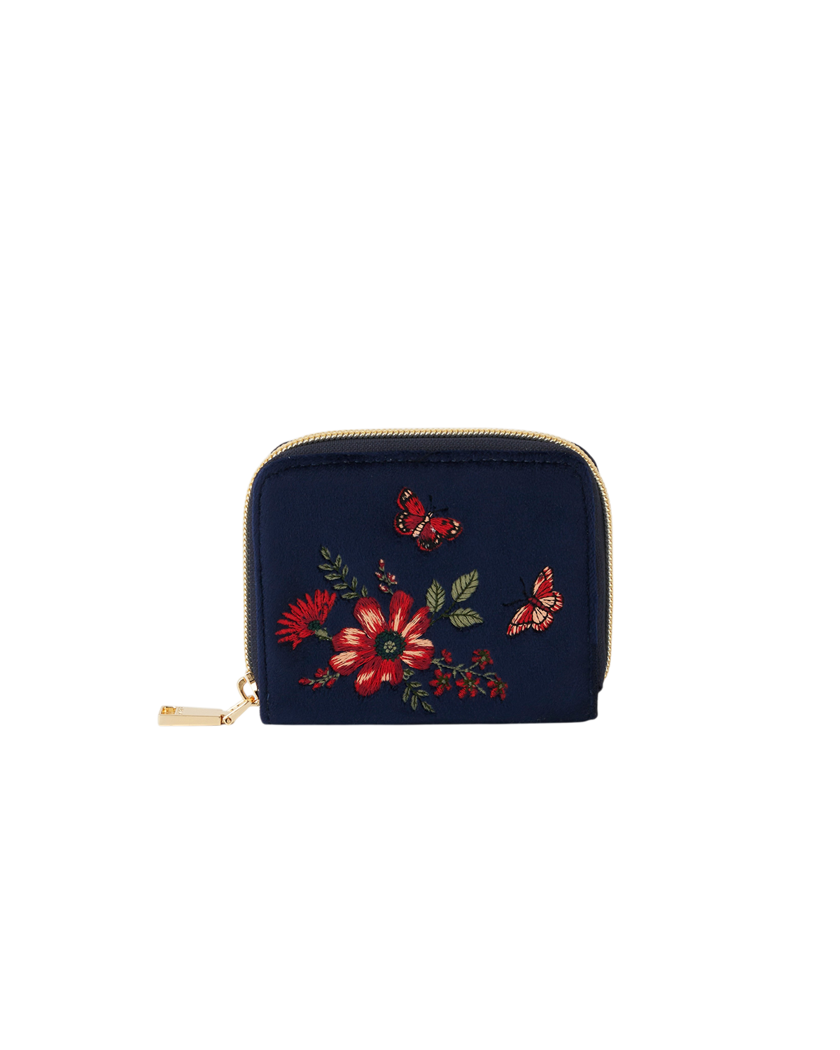 Navy blue pouch with floral embroidery on a white background