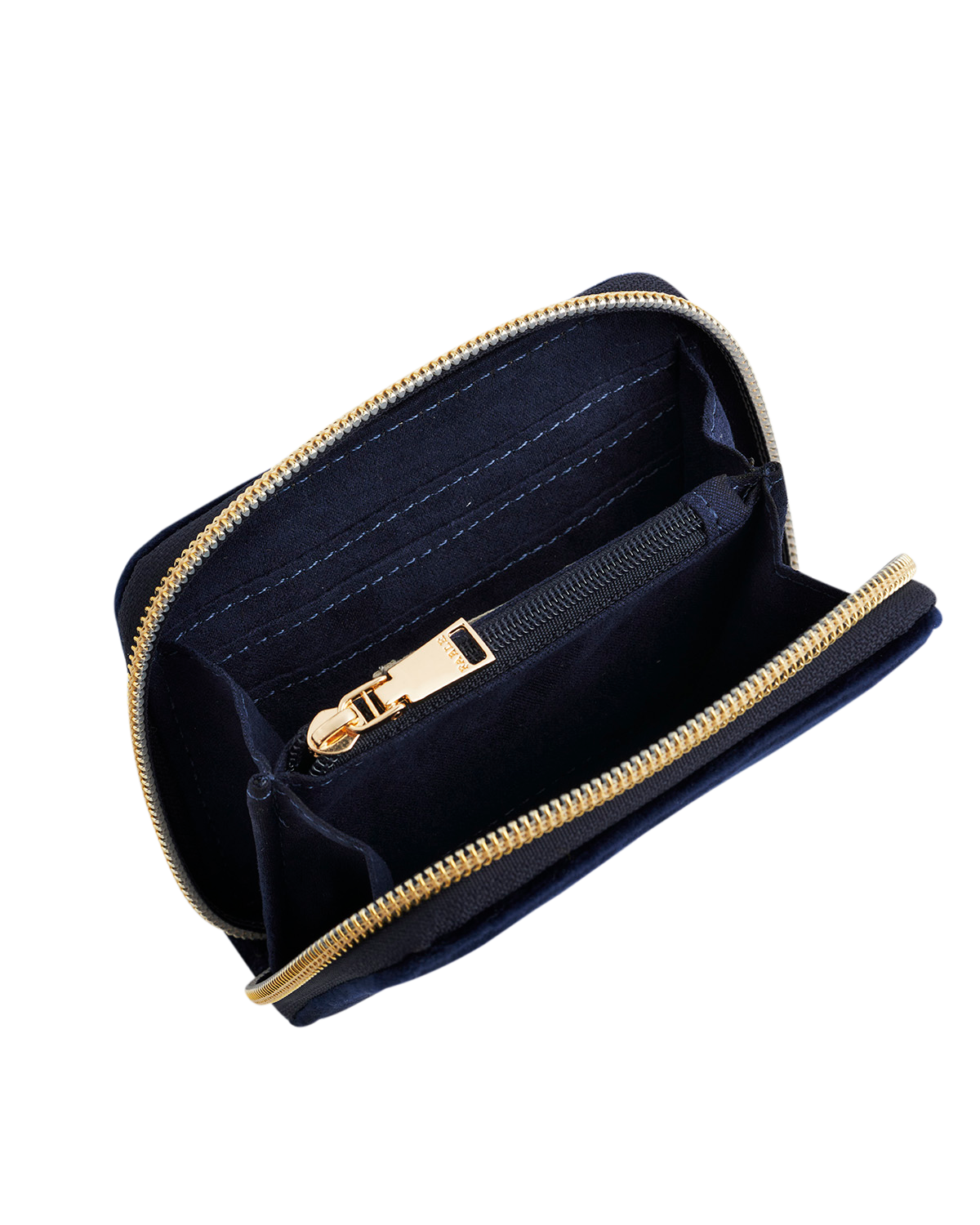 Navy blue wallet with gold zipper on a white background
