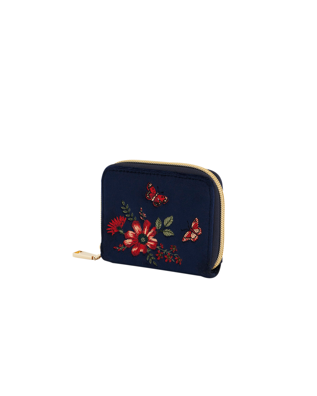 Navy blue small wallet with floral embroidery on a white background