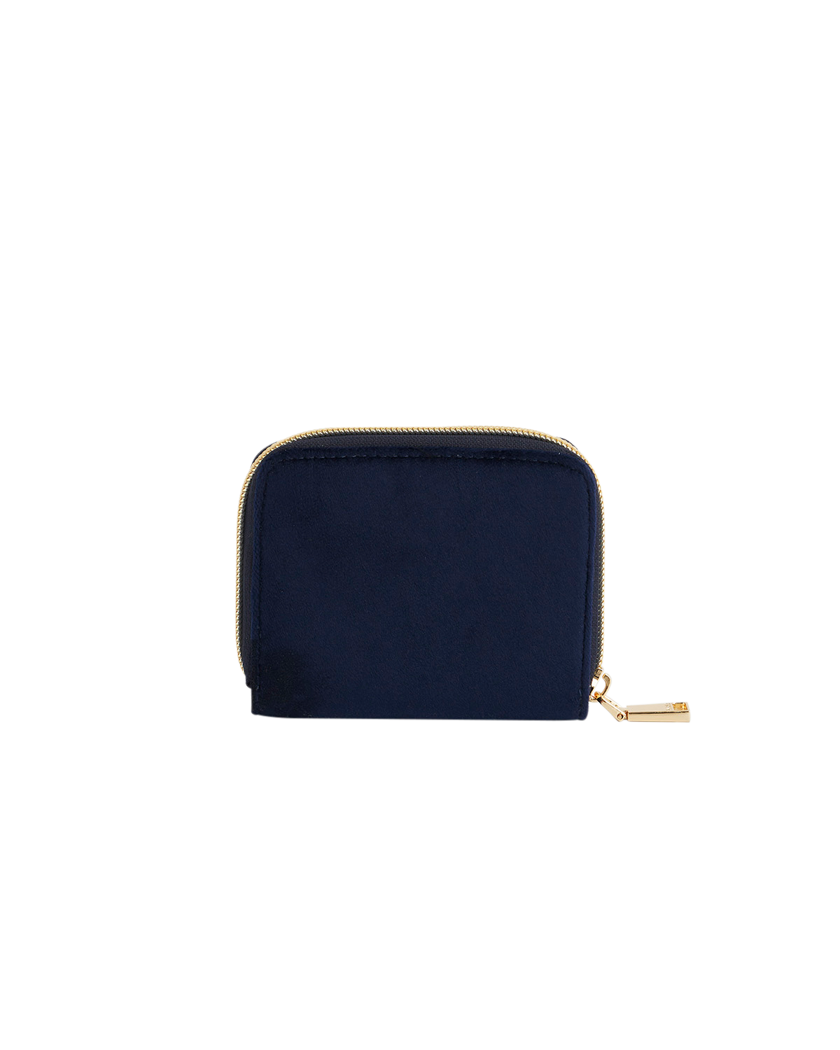 Navy blue wallet with gold zipper on a white background