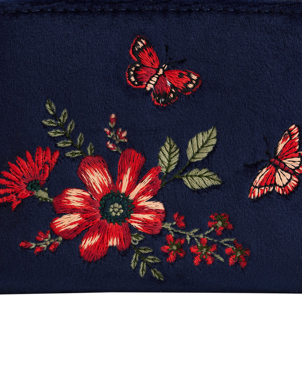 Embroidered design of red flowers and butterflies on a dark blue background