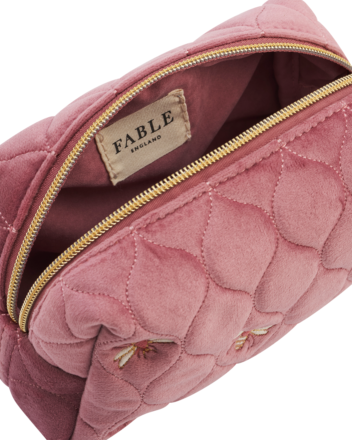Pochette trapuntata in velluto rosa antico con ape ricamata