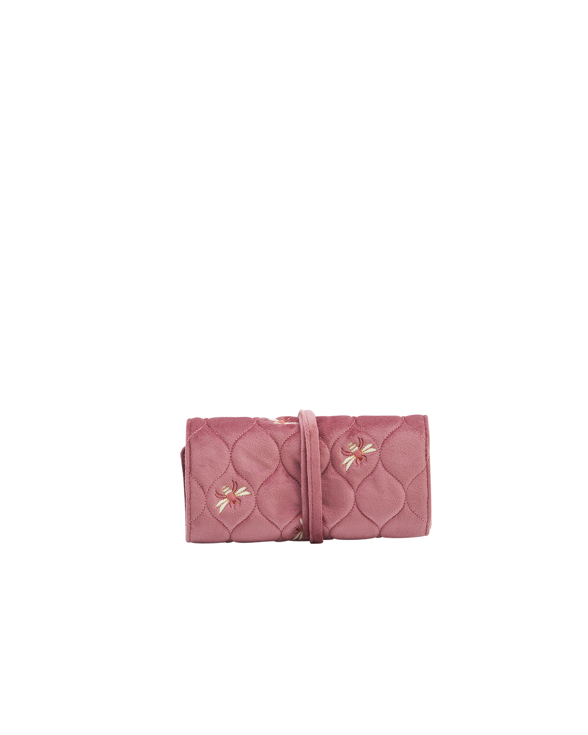 pink velvet jewellery roll with quilted material and embroidered bees