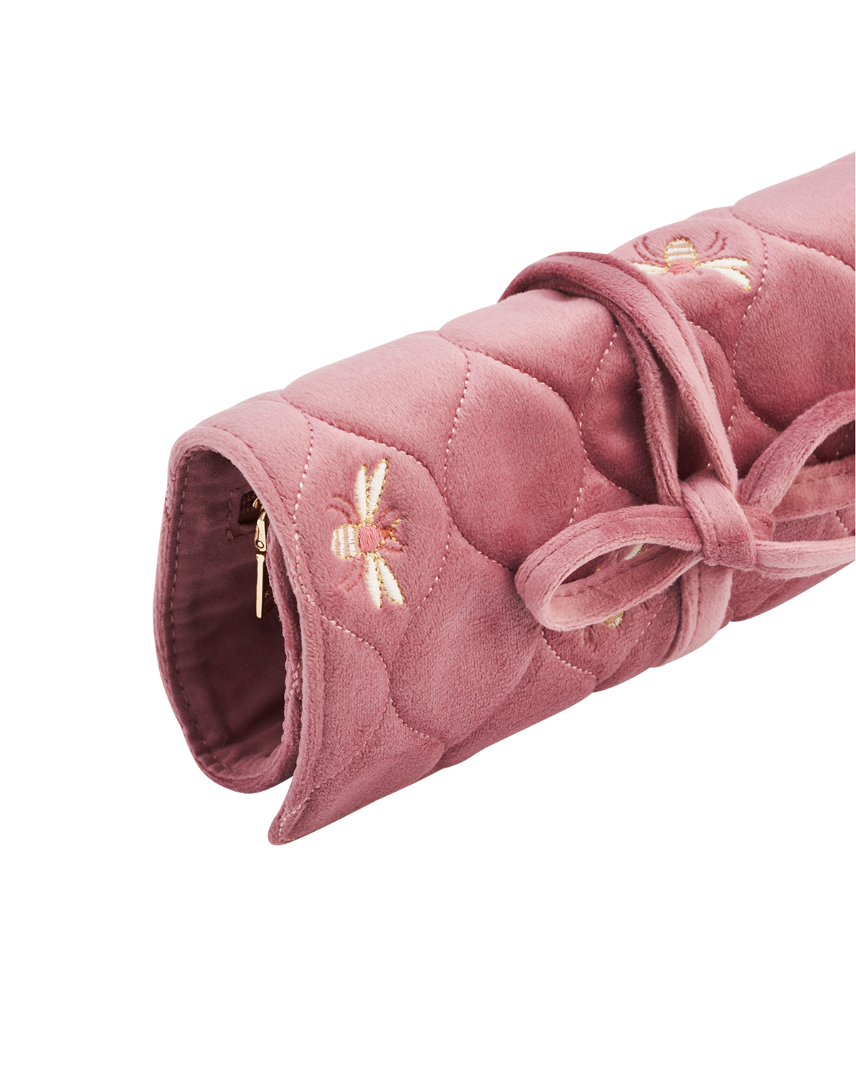 Pink quilted clutch with floral embroidery on a white background