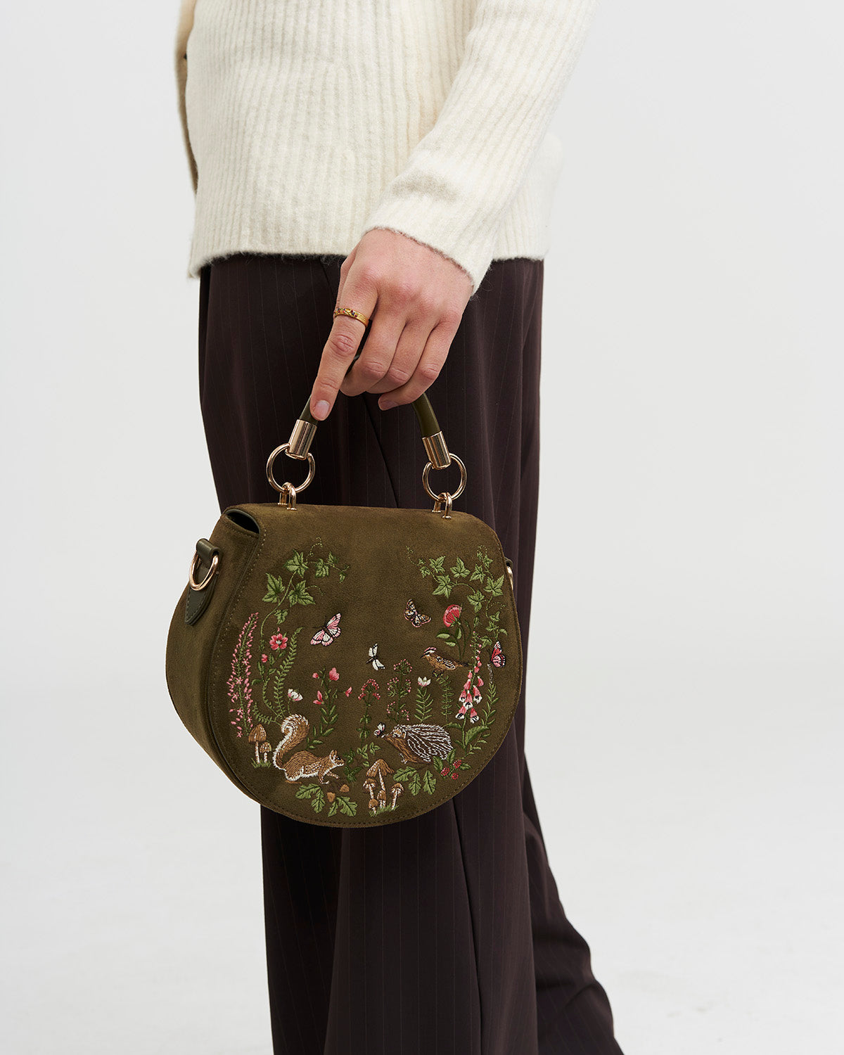 Charlotte Meadow Scene Embroidered Faux Suede Saddle Bag in Khaki