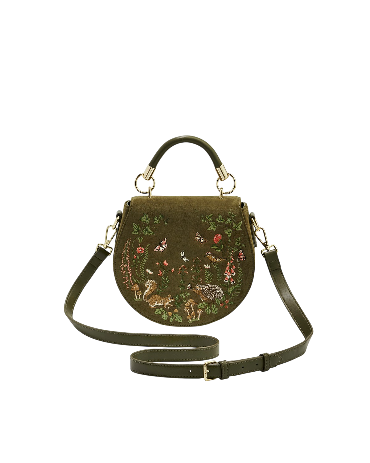 Charlotte Meadow Scene Embroidered Faux Suede Saddle Bag in Khaki