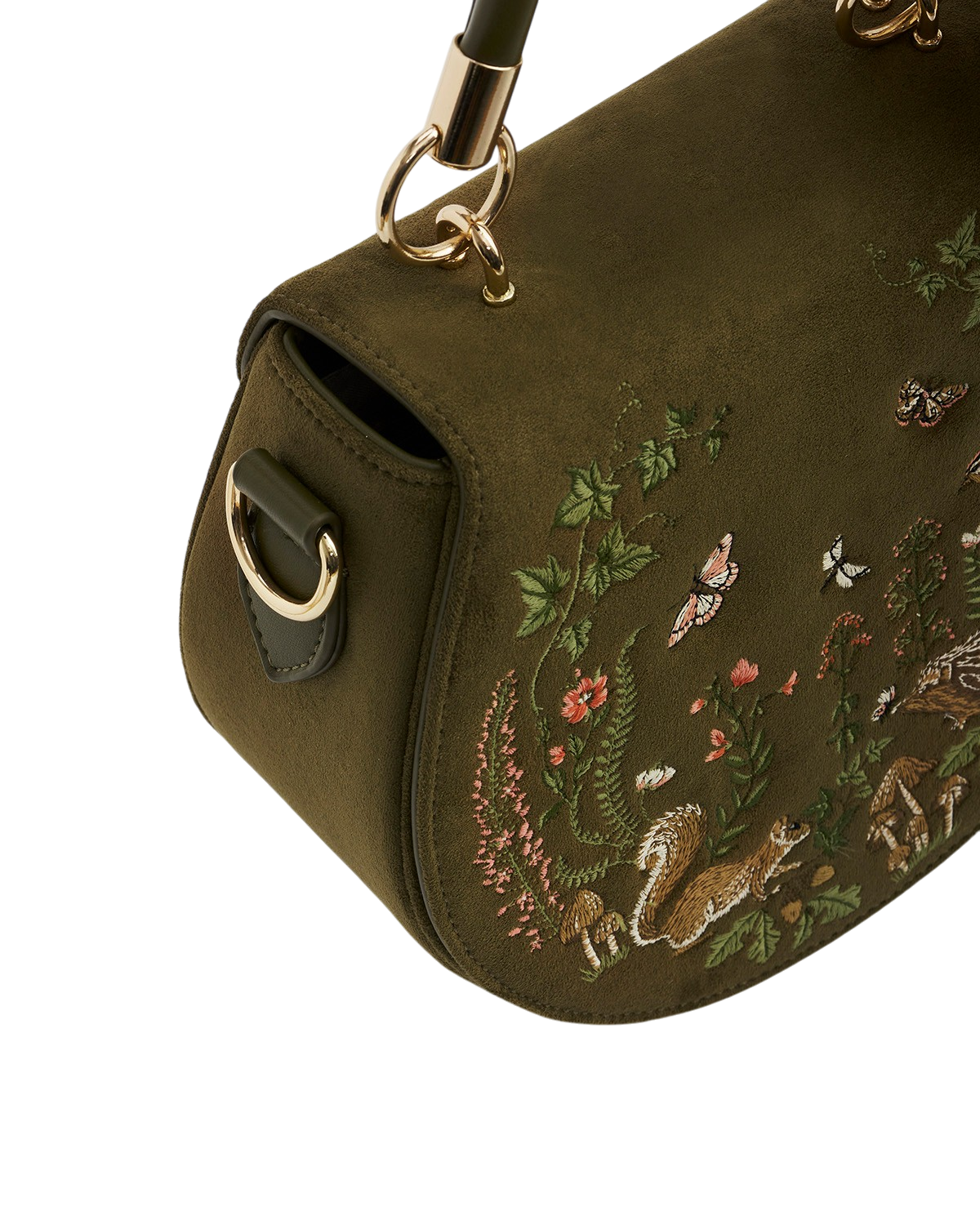 Charlotte Meadow Scene Embroidered Faux Suede Saddle Bag in Khaki