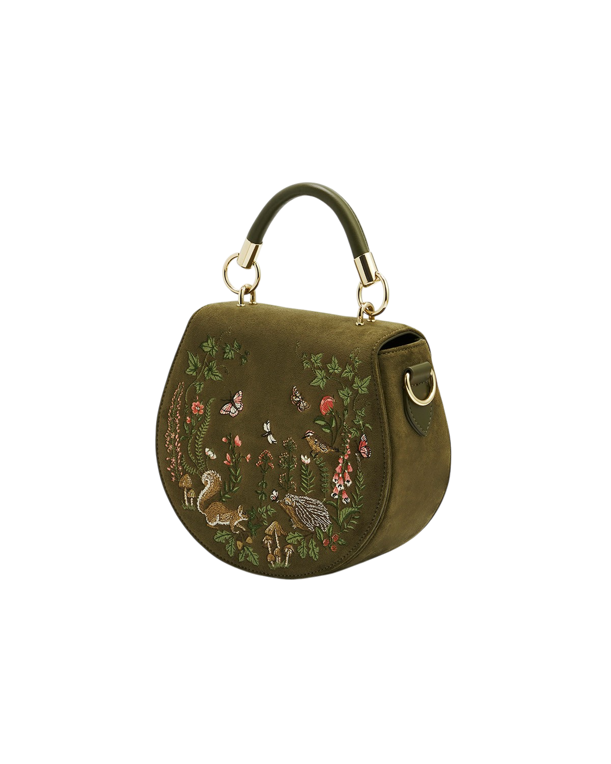 Charlotte Meadow Scene Embroidered Faux Suede Saddle Bag in Khaki