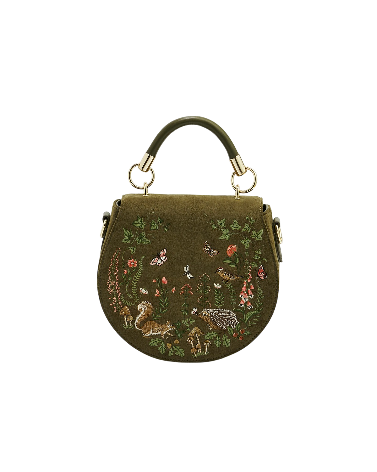 Charlotte Meadow Scene Embroidered Faux Suede Saddle Bag in Khaki
