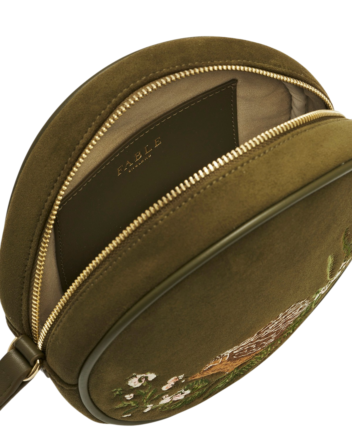 Chloe Hedgehog Embroidered Faux Suede Circle Bag in Khaki
