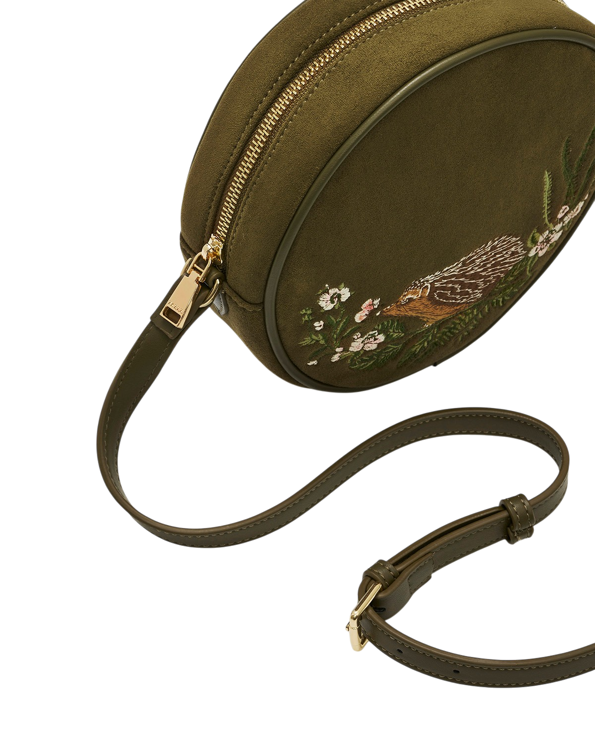 Chloe Hedgehog Embroidered Faux Suede Circle Bag in Khaki
