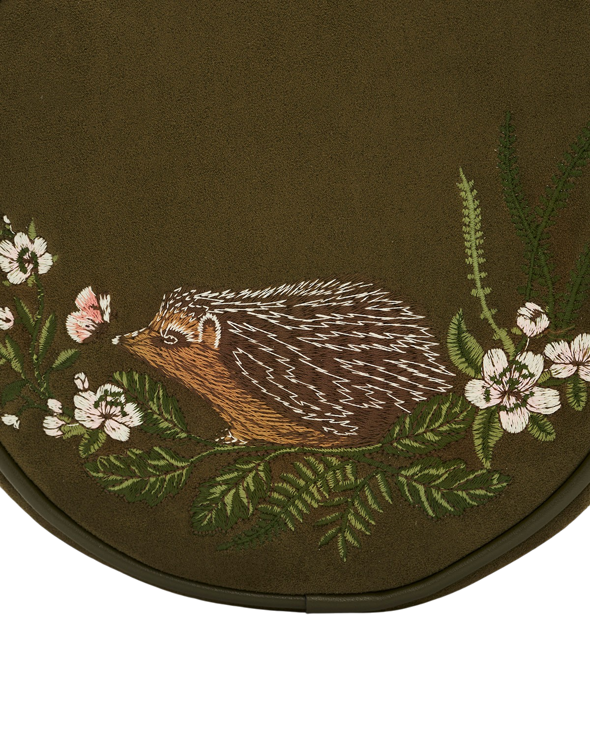 Chloe Hedgehog Embroidered Faux Suede Circle Bag in Khaki