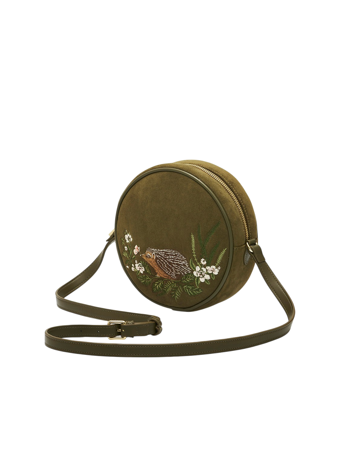 Chloe Hedgehog Embroidered Faux Suede Circle Bag in Khaki