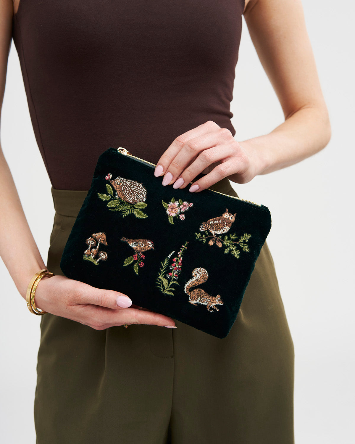 Meadow Scene Embroidered Medium Pouch in Forest Green Velvet