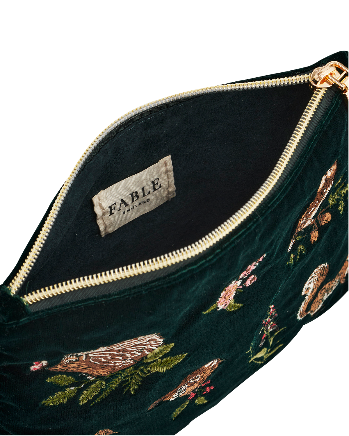 Meadow Scene Embroidered Medium Pouch in Forest Green Velvet