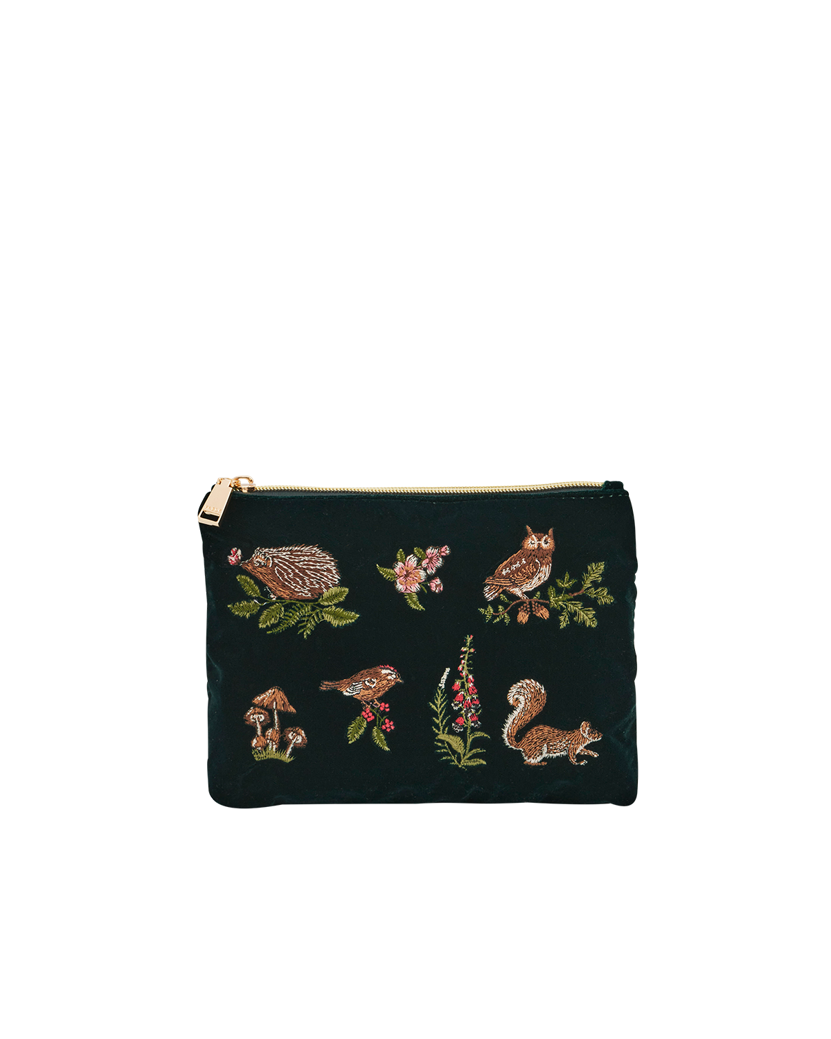 Meadow Scene Embroidered Medium Pouch in Forest Green Velvet
