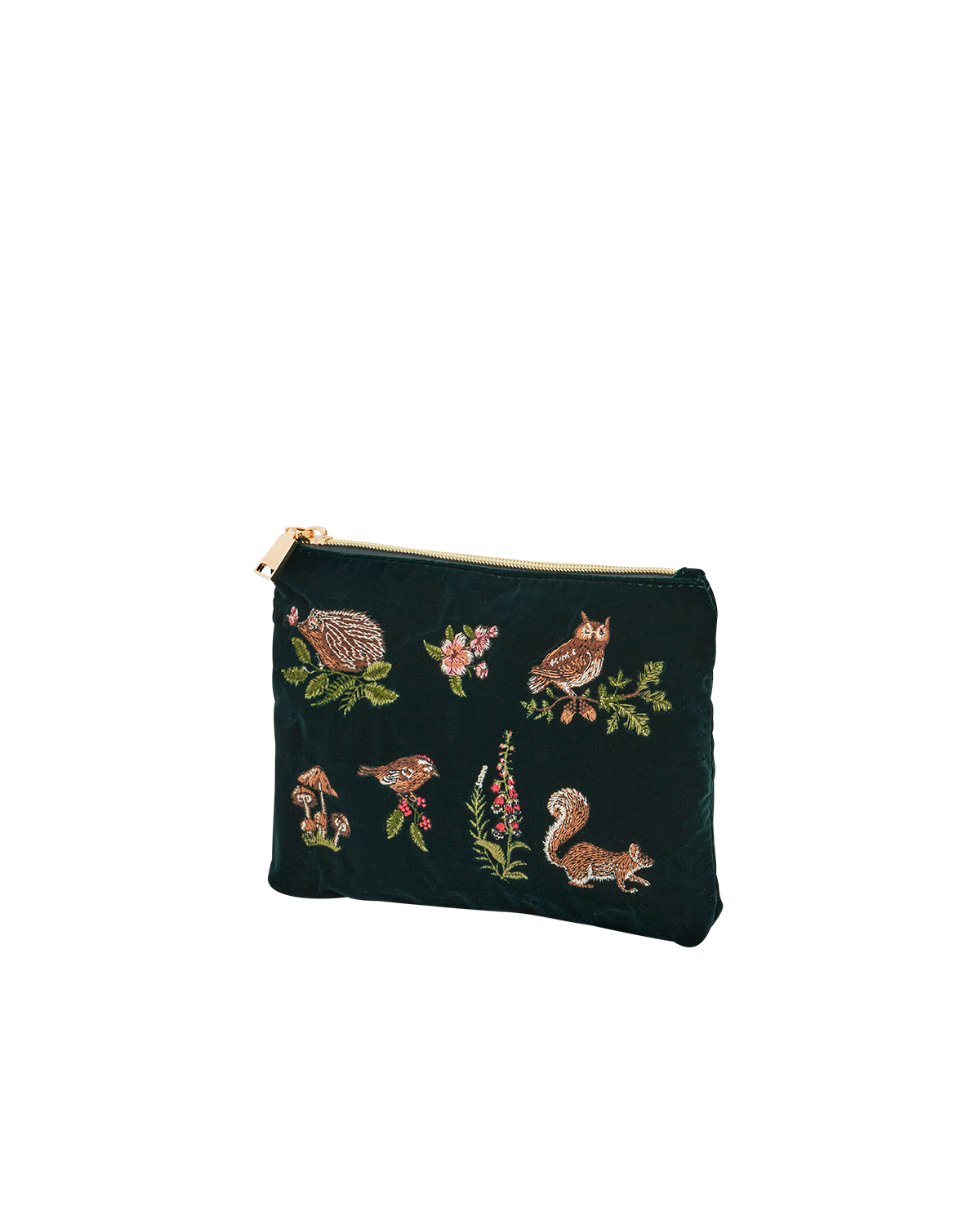 Meadow Scene Embroidered Medium Pouch in Forest Green Velvet