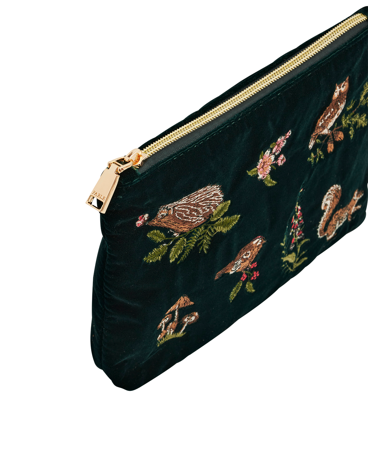 Meadow Scene Embroidered Medium Pouch in Forest Green Velvet