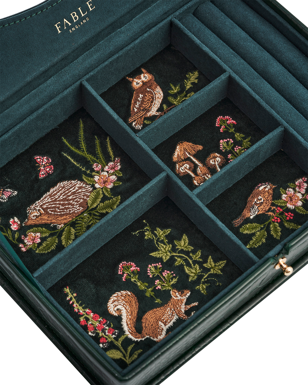 Meadow Scene Embroidered Large Jewellery Box in Forest Green Croc