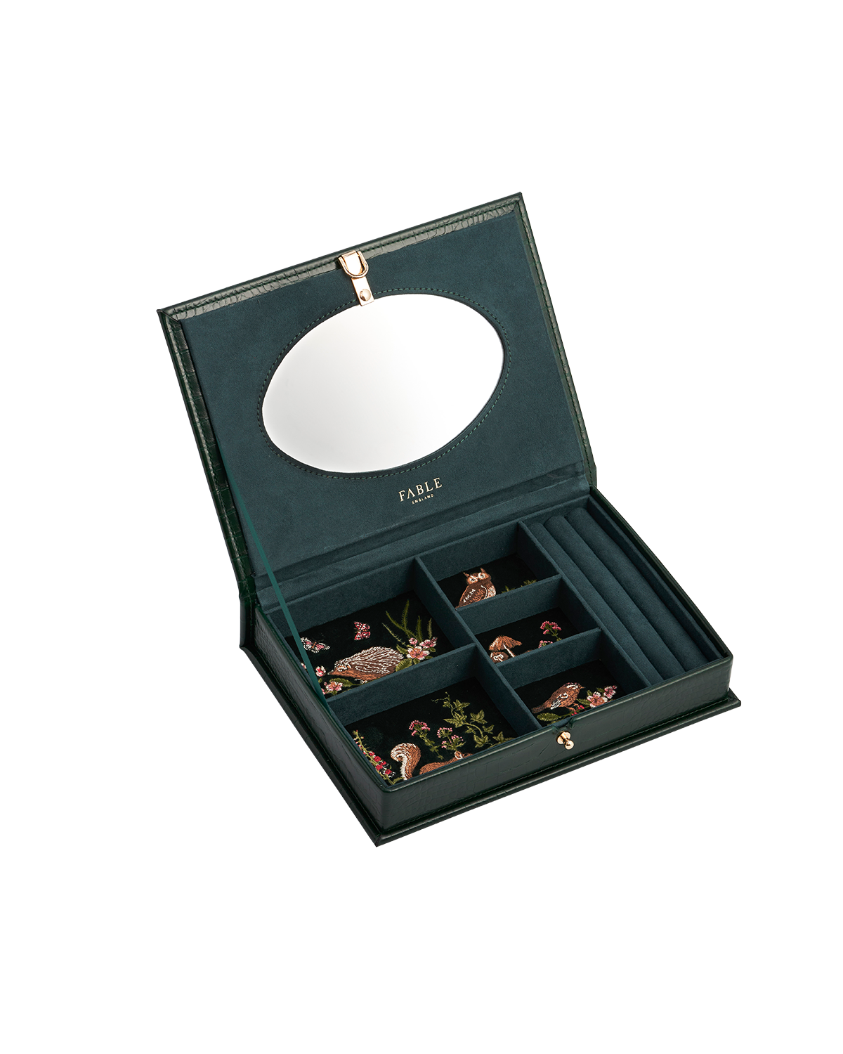 Meadow Scene Embroidered Large Jewellery Box in Forest Green Croc