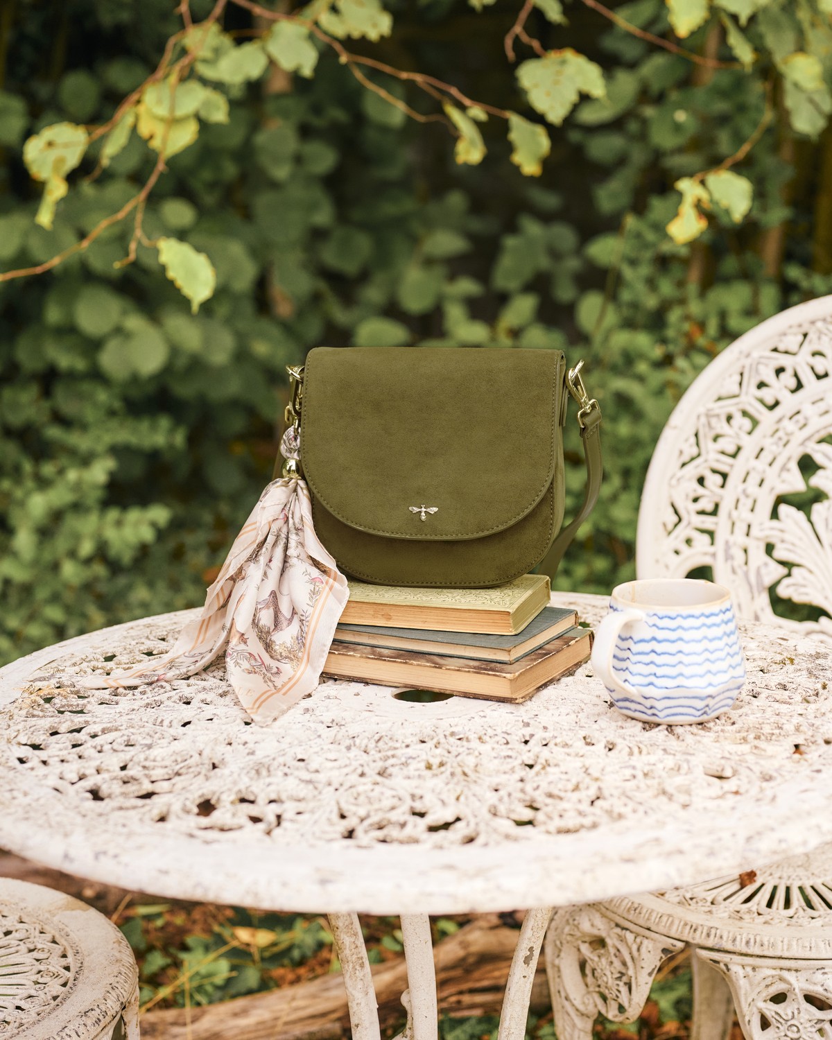Beth Faux Suede Saddle Bag in Khaki styled