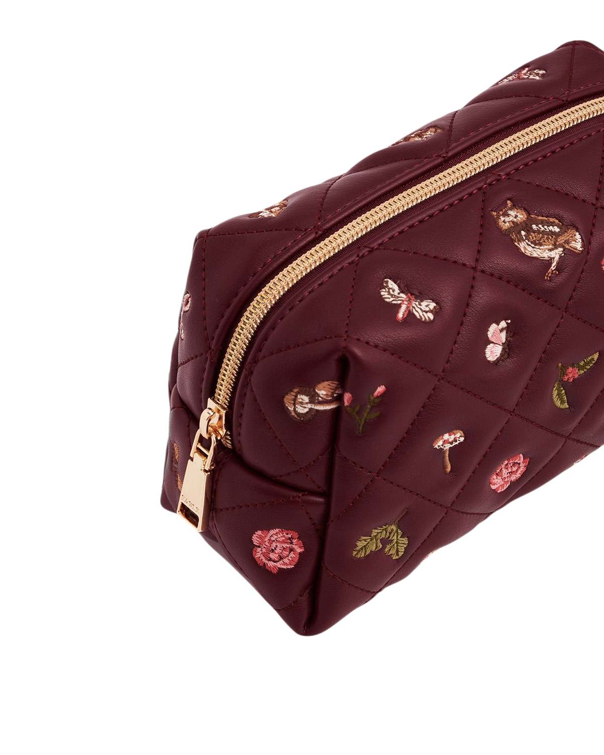 Embroidered Quilted Medium Pouch in Burgundy