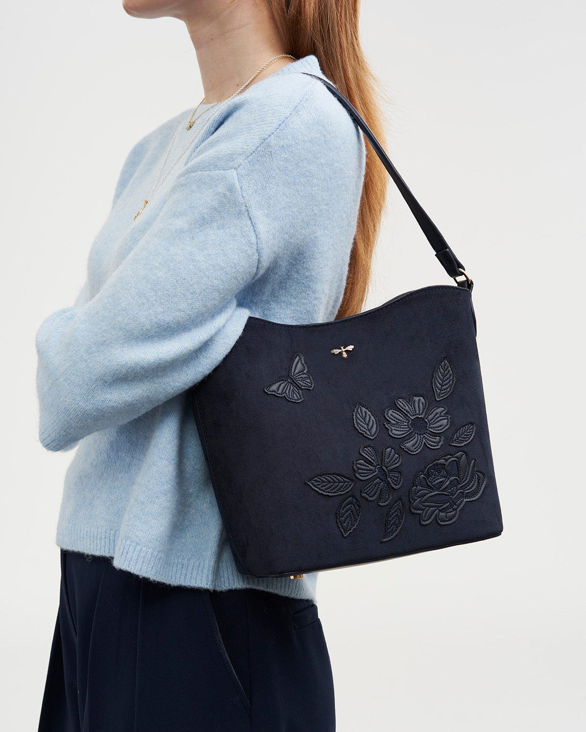 Margot Floral Applique Faux Suede Bucket Bag in Navy