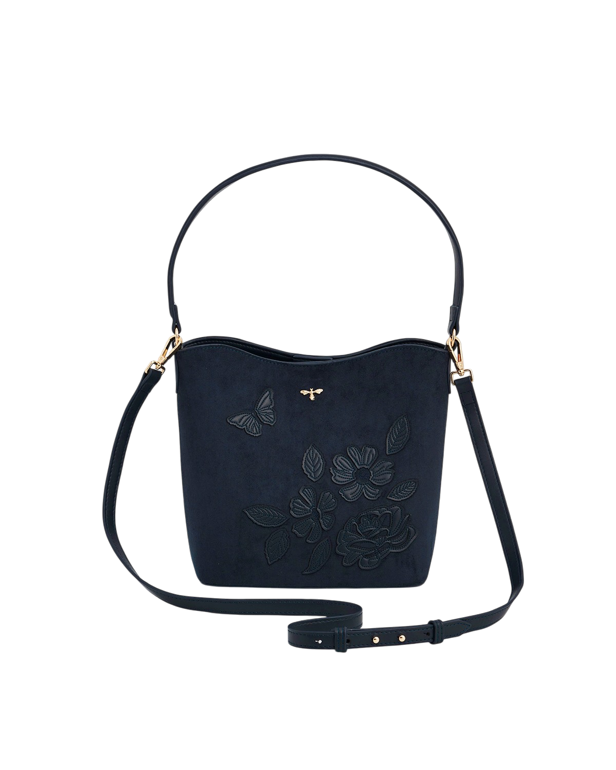 Margot Floral Applique Faux Suede Bucket Bag in Navy