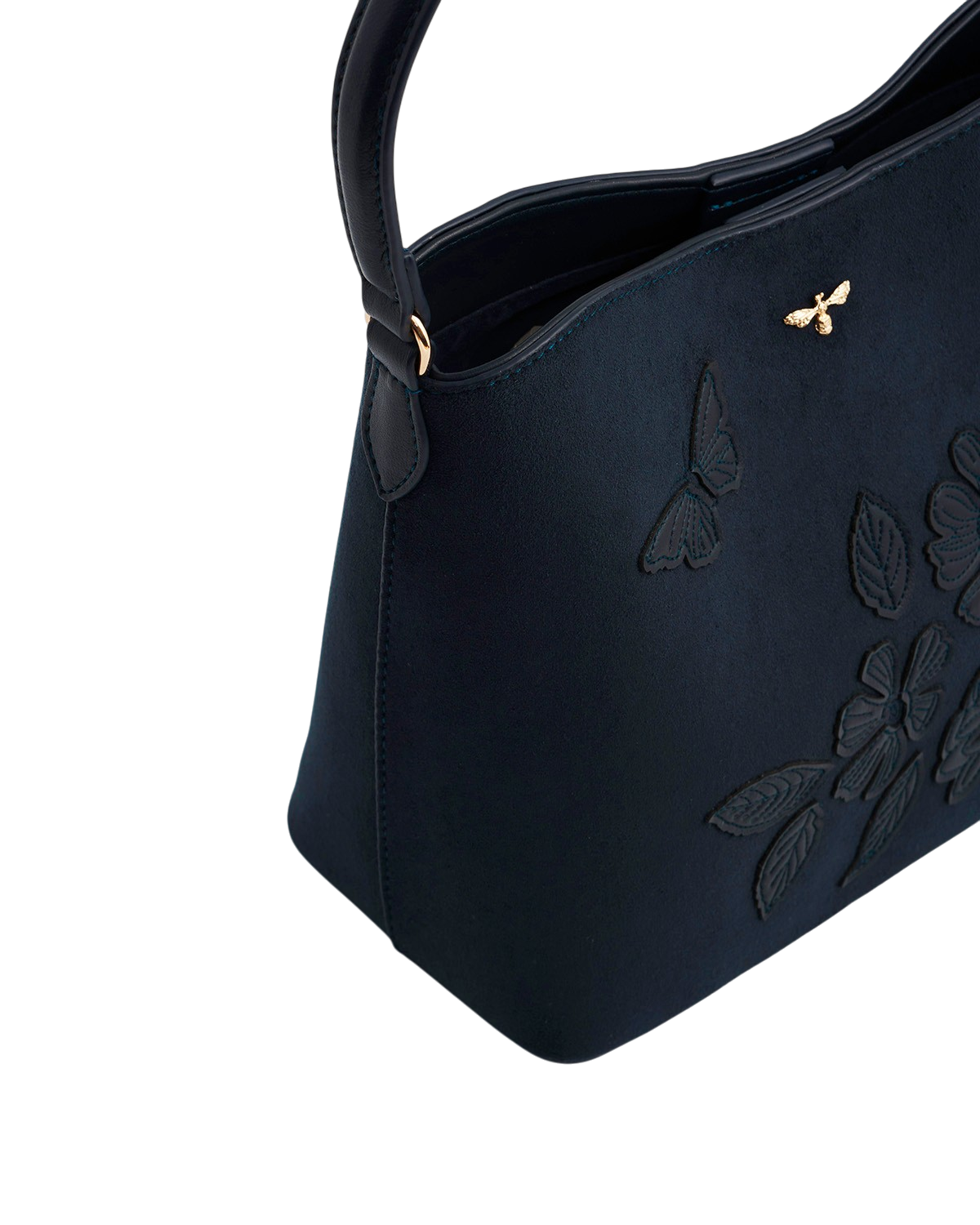 Margot Floral Applique Faux Suede Bucket Bag in Navy