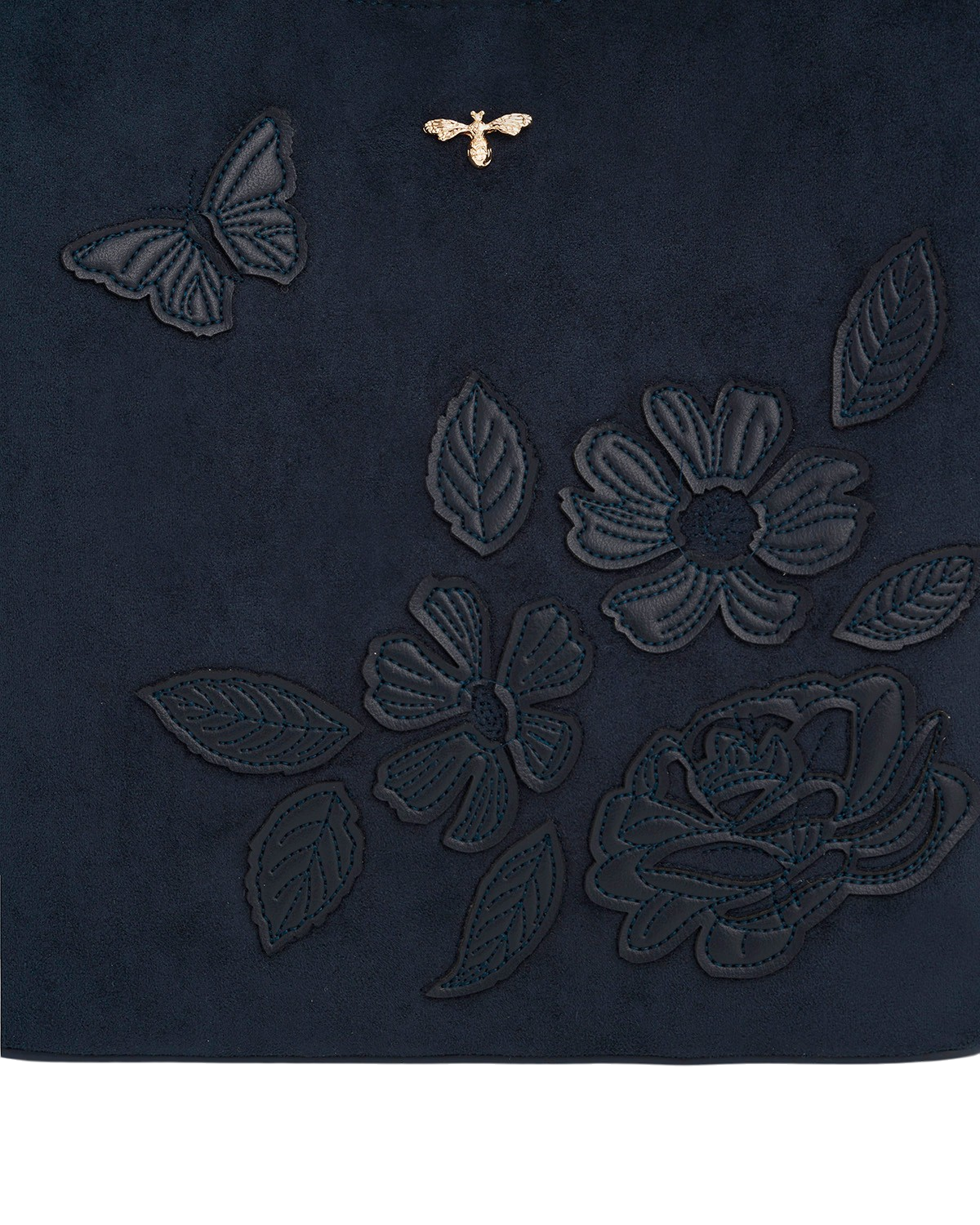 Margot Floral Applique Faux Suede Bucket Bag in Navy