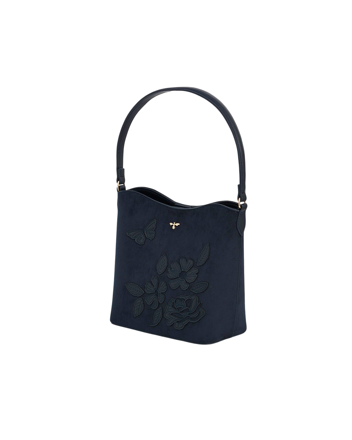 Margot Floral Applique Faux Suede Bucket Bag in Navy