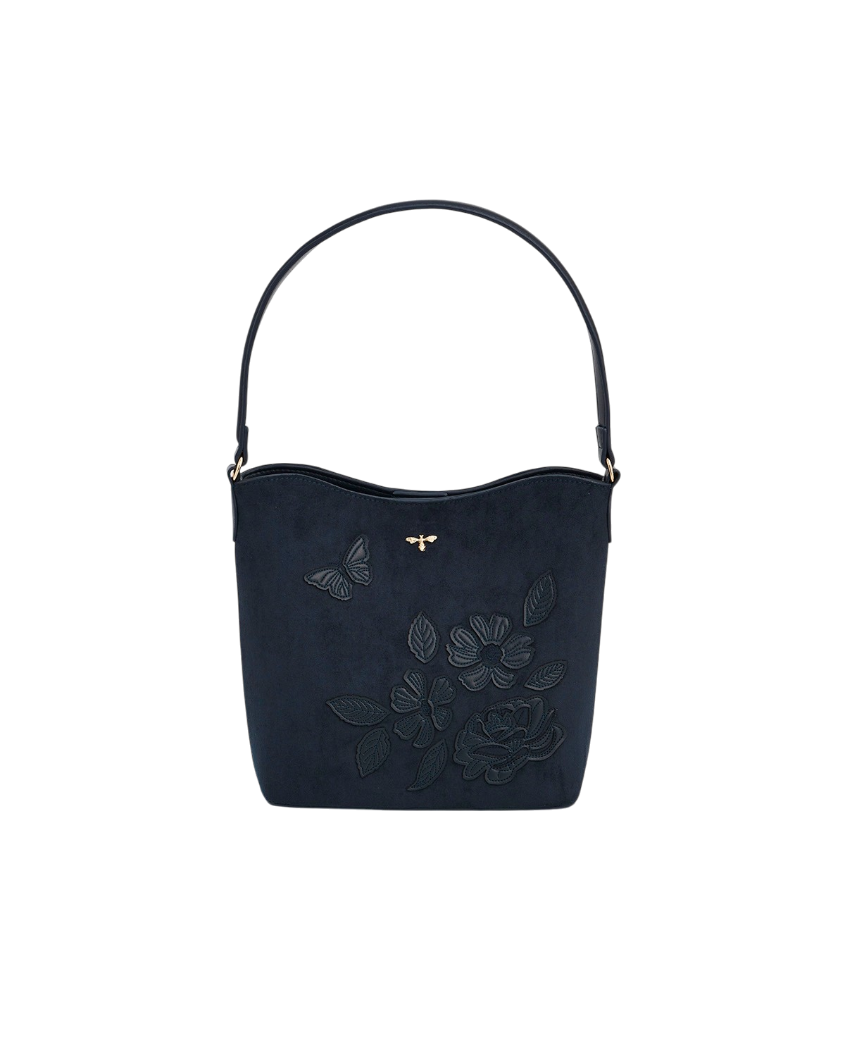 Margot Floral Applique Faux Suede Bucket Bag in Navy