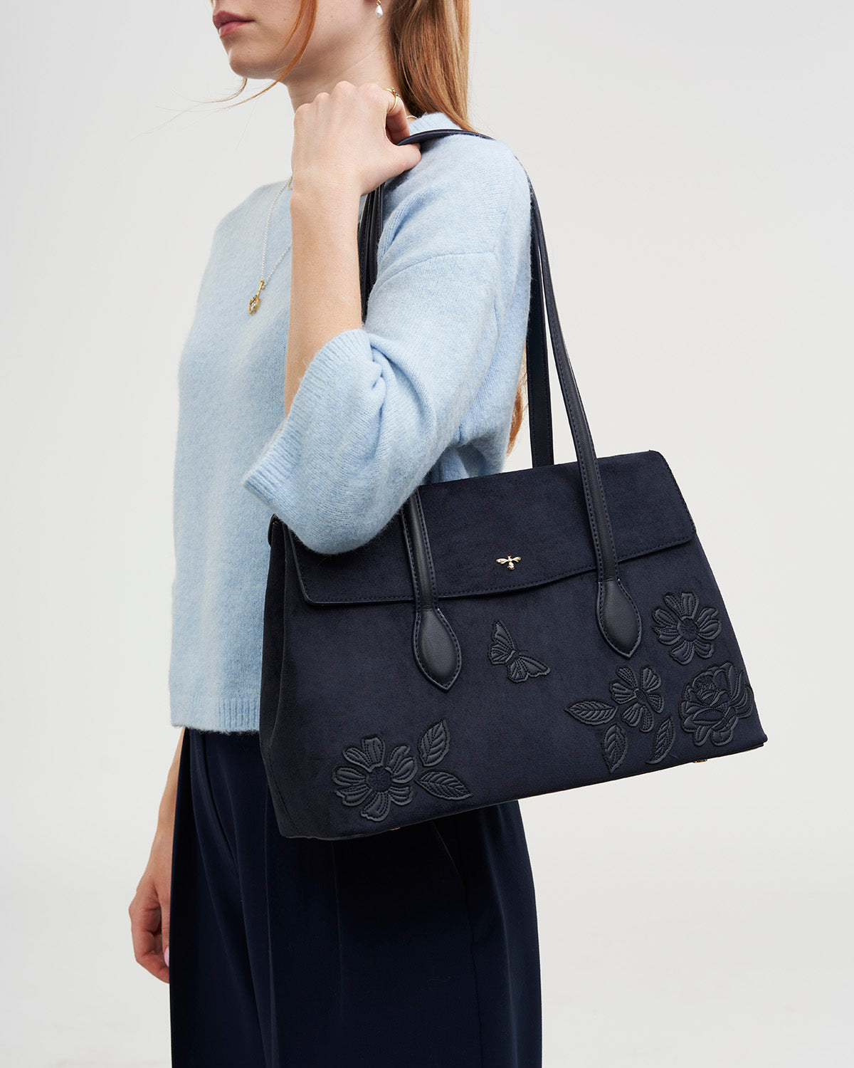 Romilly Floral Applique Faux Suede Shoulder Bag in Navy