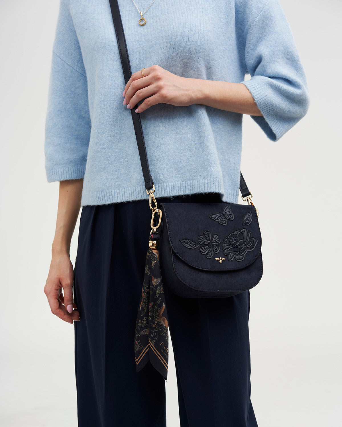 Beth Floral Applique Faux Suede Saddle Bag in Navy