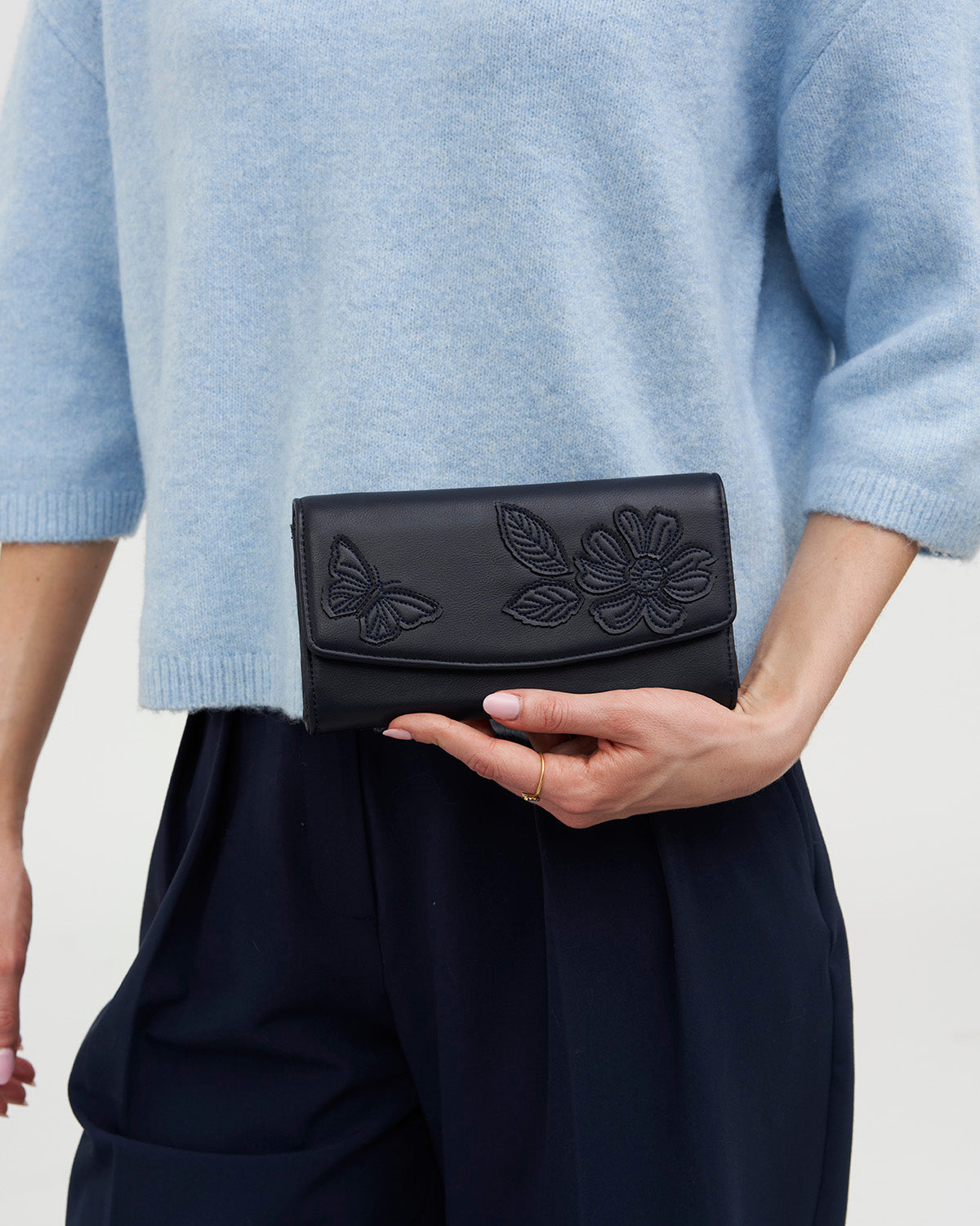 Floral Applique Large Purse in Navy