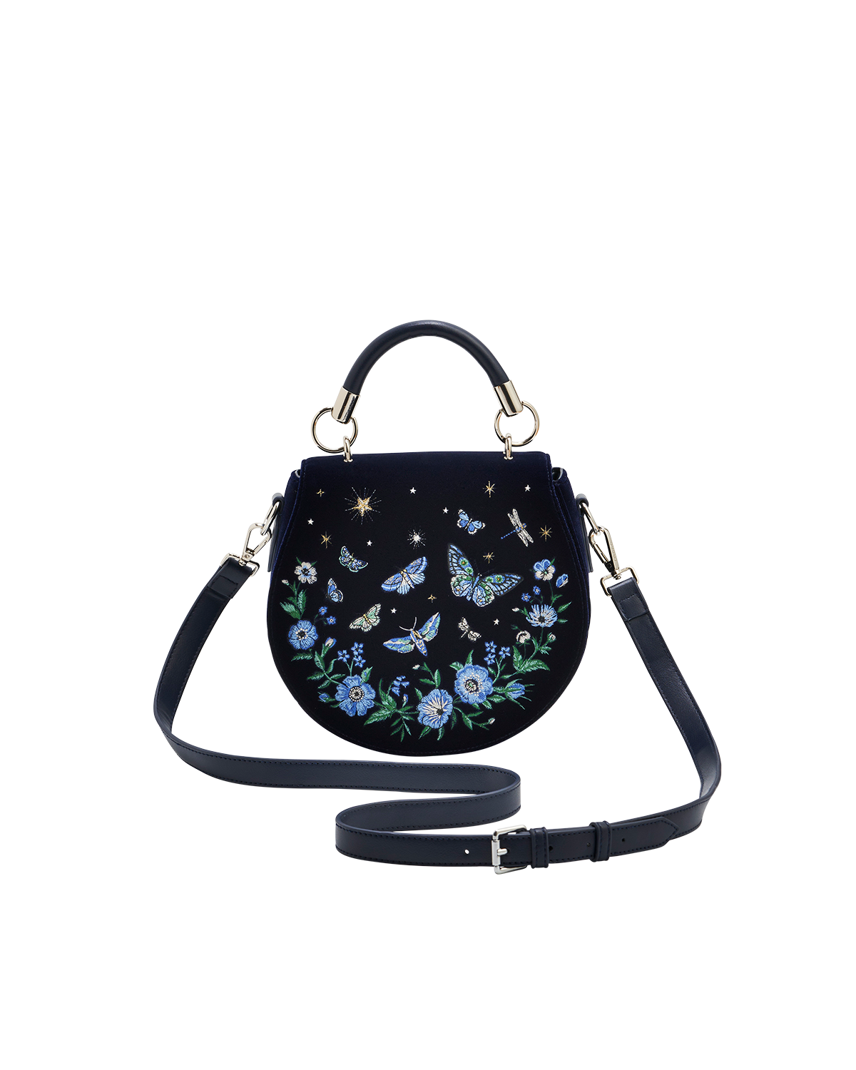Charlotte Butterfly Embroidered Saddle Bag in Navy Velvet