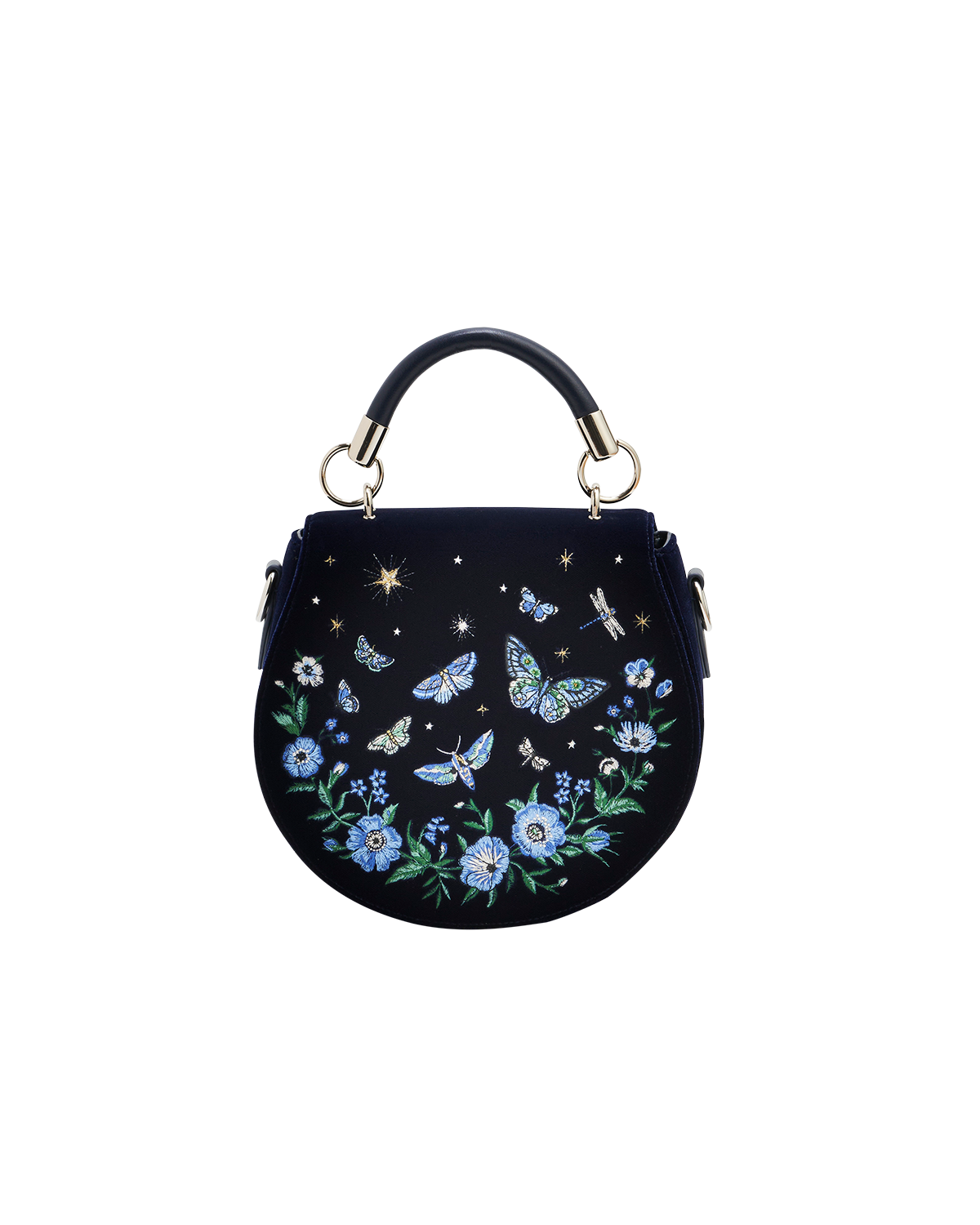 Charlotte Butterfly Embroidered Saddle Bag in Navy Velvet