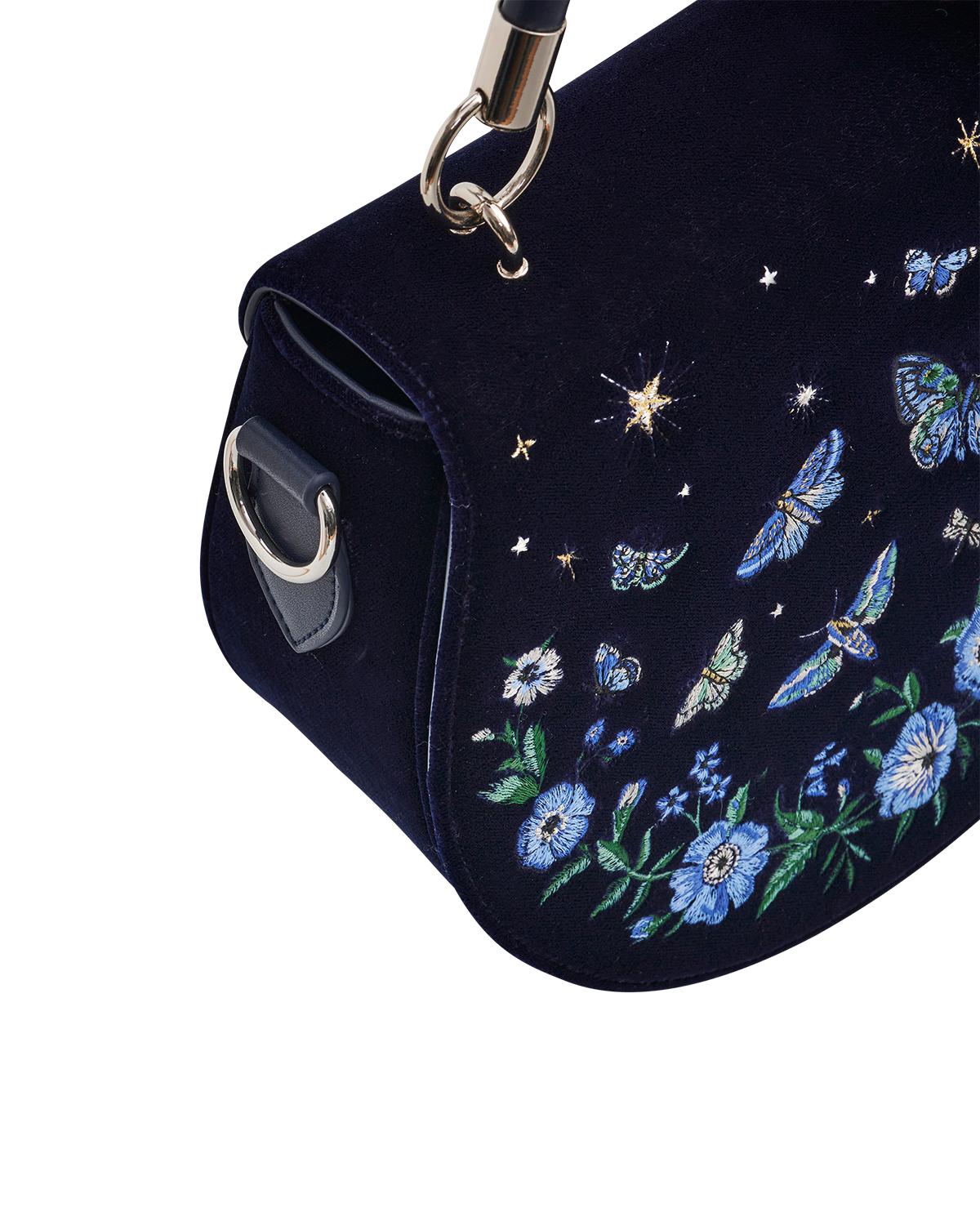 Charlotte Butterfly Embroidered Saddle Bag in Navy Velvet