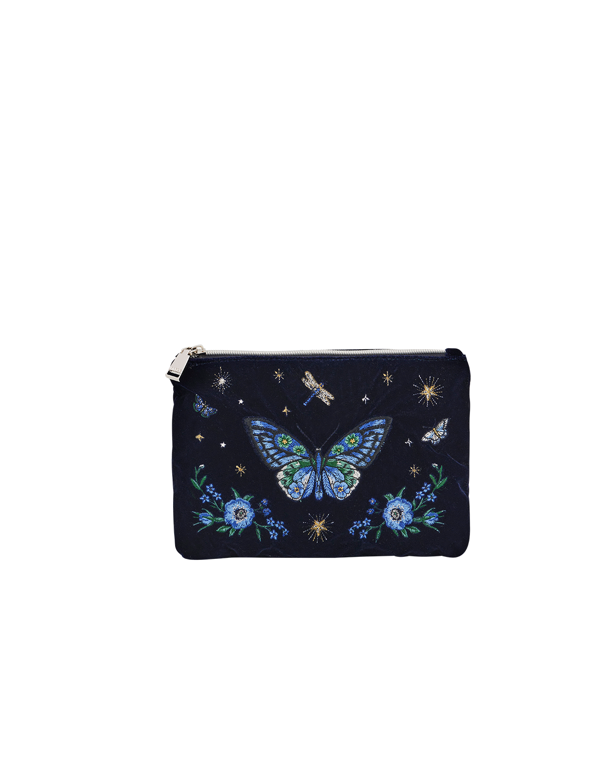 Butterfly Embroidered Pouch in Navy Velvet